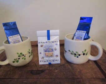 Emerson Creek Pottery set of two signature blueberry pottery coffee mugs with Cape shore tea bags  and two Cape Shore Blueberry coffees