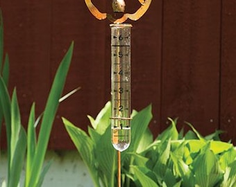 Sierra's Attic uccello con campana in acciaio/vetro pluviometro 6,5" X 2" X 36" decorazioni da giardino regali natura regali per il giardiniere arte da giardino all'aperto