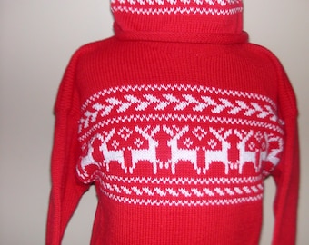 Handmade Nordic Reindeer Pullover Cotton Rollcrew child sweater w/ hat set