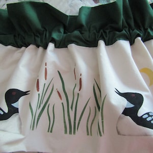 Sierra&#39;s Attic hand stenciled painted loons in cat and nine tails lined curtain valance pond lake moon lodge north woods cabin decor