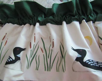 Sierra's Attic hand stenciled painted loons in cat and nine tails lined curtain valance pond lake moon lodge north woods cabin decor
