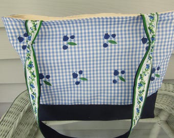 Sierra&#39;s Attic hand painted blueberries and leaves light blue gingham/navy canvas pocket tote bag blueberry canvas tote bag, gifts for her