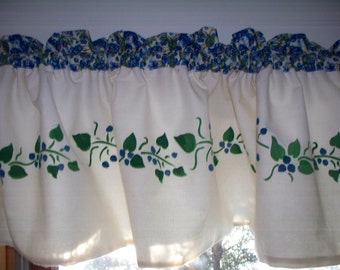 Sierra's Attic hand stenciled blueberry lined muslin window curtain valance fruit leaves vines country farmhouse  kitchen decor  rustic