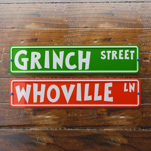 4x18 Inch GRINCH St & WHOVILLE Ln Christmas Signs | Stamped Aluminum