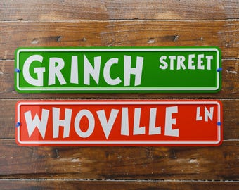 4x18 Inch GRINCH St & WHOVILLE Ln Christmas Signs | Stamped Aluminum