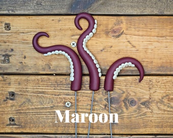 Maroon Pot Tentacles clay octopus plant decor stake with glow in the dark suckers set of 3