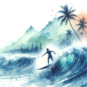 Watercolor Surfing Clipart Set: Ocean Waves, Surfboards (10 JPG Images, Digital Download)