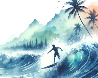 Watercolor Surfing Clipart Set: Ocean Waves, Surfboards (10 JPG Images, Digital Download)