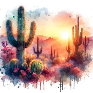Lot de 12 cliparts JPG cactus dans le désert - Art bohème de cactus aquarelle - Déco murale coucher de soleil sud-ouest - Paysage occidental à imprimer