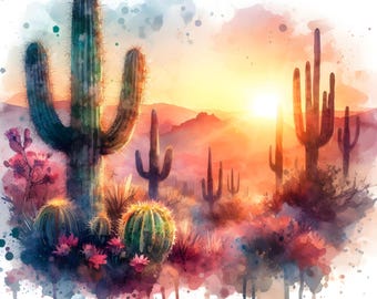 Bundle de cliparts aquarelle cactus - fichiers JPG Boho Desert Sunset - téléchargement numérique