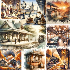 Paquete de imágenes prediseñadas de estaciones de tren vintage en acuarela: 8 imágenes en PDF, descarga digital instantánea, para scrapbooking, revistas basura y uso comercial.