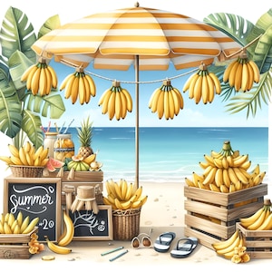 Pack de 10 clipart banane, aquarelle tropicale, illustration de banane, clipart bananes, banane imprimable