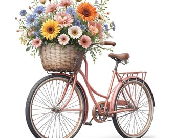 Clipart de bicicleta con flores en acuarela: 12 imágenes JPG de bicicletas con flores - Descarga digital vintage de estilo cottagecore
