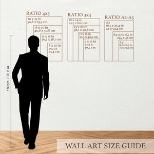 Puede incluir: Una gu&iacute;a de tama&ntilde;o de arte de pared con una silueta de una persona de pie frente a una pared. La gu&iacute;a muestra diferentes proporciones de tama&ntilde;os de arte de pared en pulgadas y cent&iacute;metros, incluyendo 4x5, 3x4 y A2-A5.