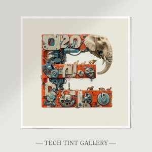 Puede incluir: Una ilustración abstracta y colorida de la letra E, compuesta por engranajes, piñones y otras piezas mecánicas. La cabeza de un elefante está incorporada en el diseño, junto con varios animales más pequeños.