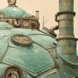 Puede incluir: Primer plano de una m&aacute;quina de estilo steampunk de color verde azulado con detalles intrincados, que incluyen una esfera de reloj redonda y una tuber&iacute;a alta y oxidada.