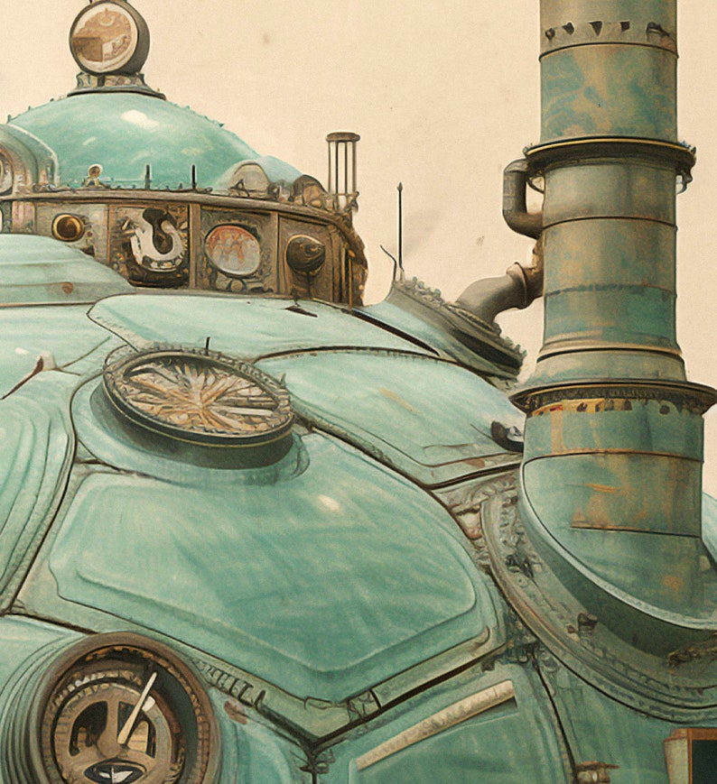 Puede incluir: Primer plano de una m&aacute;quina de estilo steampunk de color verde azulado con detalles intrincados, que incluyen una esfera de reloj redonda y una tuber&iacute;a alta y oxidada.