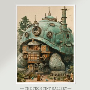 Puede incluir: Una ilustraci&oacute;n caprichosa de una gran tortuga mec&aacute;nica verde con una torre de reloj en su espalda. La tortuga camina por un bosque con peque&ntilde;as figuras de personas caminando a su alrededor. La imagen tiene una est&eacute;tica vintage steampunk.