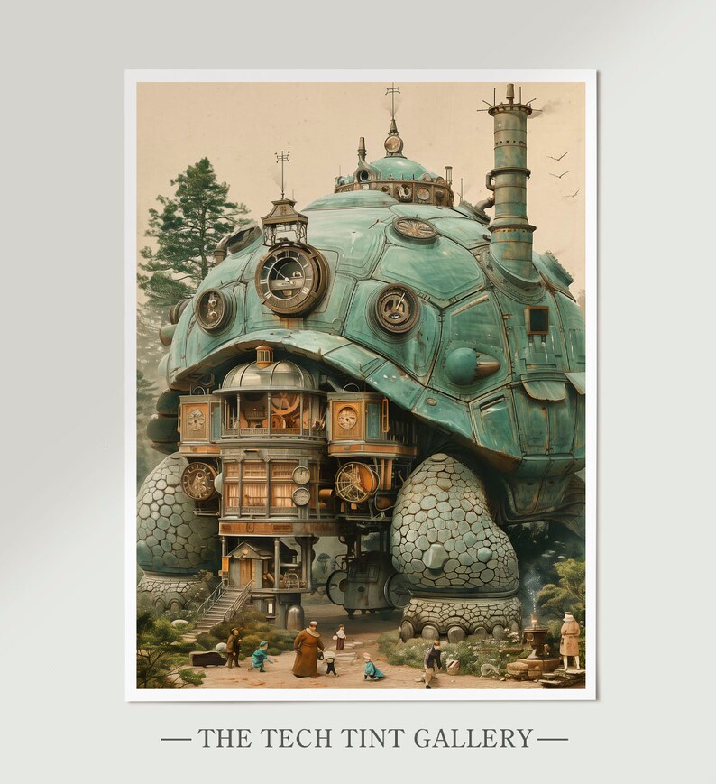 Puede incluir: Una ilustraci&oacute;n caprichosa de una gran tortuga mec&aacute;nica verde con una torre de reloj en su espalda. La tortuga camina por un bosque con peque&ntilde;as figuras de personas caminando a su alrededor. La imagen tiene una est&eacute;tica vintage steampunk.