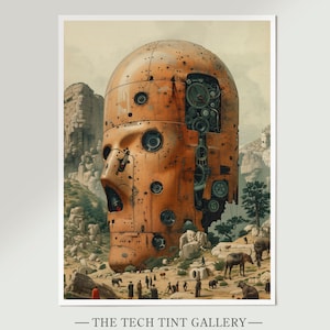 Puede incluir: Una gran escultura de cabeza de metal oxidado con engranajes y ruedas dentadas visibles en su interior. La escultura se coloca sobre un fondo de montañas rocosas y un pequeño pueblo. El texto "THE TECH TINT GALLERY" está en la parte inferior de la imagen.