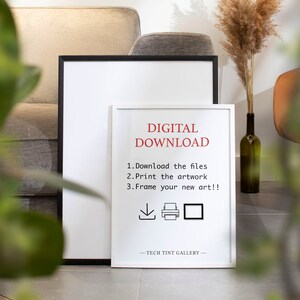 Puede incluir: Se&ntilde;al de descarga digital enmarcada en blanco con texto rojo que dice "DESCARGA DIGITAL" e instrucciones para descargar, imprimir y enmarcar la obra de arte. La se&ntilde;al tambi&eacute;n incluye un icono de descarga, un icono de impresora y un icono de marco de imagen. La se&ntilde;al est&aacute; sobre un suelo de baldosas grises con una planta en primer plano.