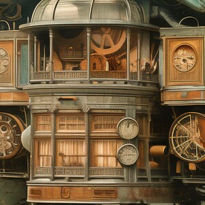 Puede incluir: Un modelo detallado de una torre de reloj de estilo steampunk con engranajes y ventanas intrincadas. La torre est&aacute; hecha de metal y madera y tiene un aspecto desgastado y envejecido.