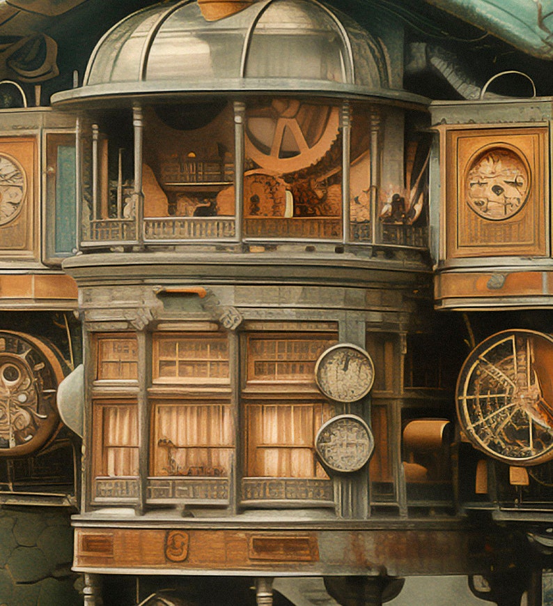 Puede incluir: Un modelo detallado de una torre de reloj de estilo steampunk con engranajes y ventanas intrincadas. La torre est&aacute; hecha de metal y madera y tiene un aspecto desgastado y envejecido.