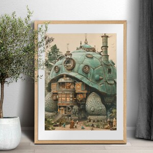 Puede incluir: Una ilustraci&oacute;n caprichosa de una gran tortuga mec&aacute;nica verde con una torre de reloj y una chimenea. La tortuga camina por un sendero con peque&ntilde;as figuras de personas delante de ella.