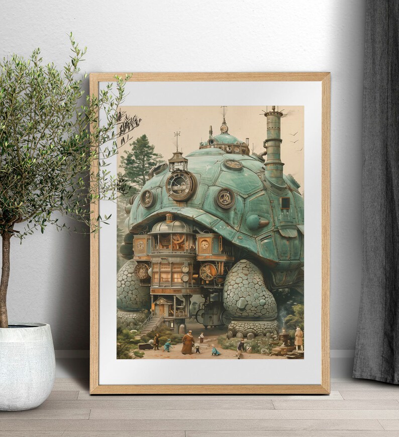 Puede incluir: Una ilustraci&oacute;n caprichosa de una gran tortuga mec&aacute;nica verde con una torre de reloj y una chimenea. La tortuga camina por un sendero con peque&ntilde;as figuras de personas delante de ella.