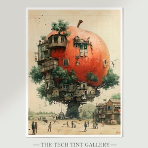 Puede incluir: Una ilustración caprichosa de una manzana roja gigante con un árbol que crece de ella. La manzana está cubierta de pequeñas casas y edificios, y hay personas caminando por el suelo debajo. La imagen tiene un estilo vintage, dibujado a mano.