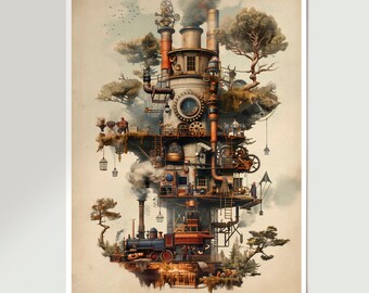 imaginative illustration, surreal nature poster, surreal tree art print, Nature Vintage Print, downloadable nature, AI art illustration