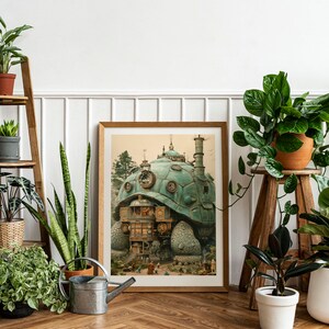 Puede incluir: Una impresi&oacute;n enmarcada de una ilustraci&oacute;n fant&aacute;stica de una gran tortuga de estilo steampunk verde que lleva un edificio en su espalda. La tortuga tiene engranajes y otros detalles mec&aacute;nicos, y el edificio tiene ventanas y una chimenea.