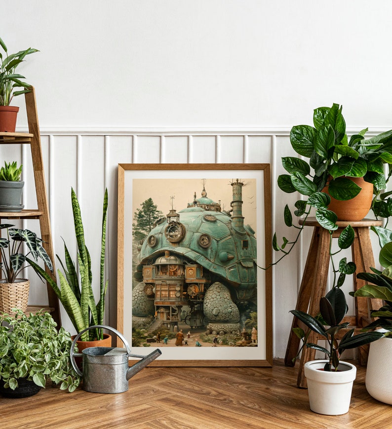 Puede incluir: Una impresi&oacute;n enmarcada de una ilustraci&oacute;n fant&aacute;stica de una gran tortuga de estilo steampunk verde que lleva un edificio en su espalda. La tortuga tiene engranajes y otros detalles mec&aacute;nicos, y el edificio tiene ventanas y una chimenea.