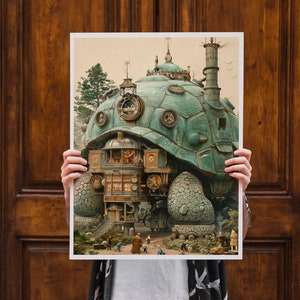 Puede incluir: Una ilustraci&oacute;n caprichosa de una gran tortuga steampunk verde con una casa construida en su espalda. La tortuga tiene una chimenea y engranajes en su caparaz&oacute;n. Hay peque&ntilde;as figuras de personas caminando alrededor de la casa.