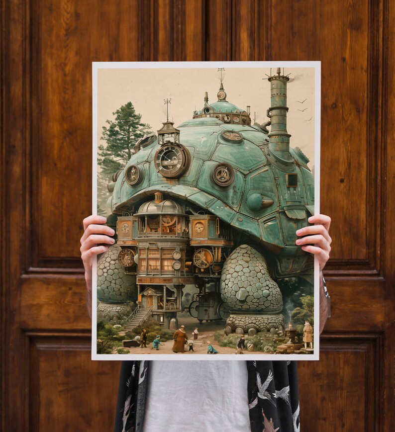 Puede incluir: Una ilustraci&oacute;n caprichosa de una gran tortuga steampunk verde con una casa construida en su espalda. La tortuga tiene una chimenea y engranajes en su caparaz&oacute;n. Hay peque&ntilde;as figuras de personas caminando alrededor de la casa.