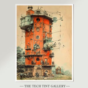 Puede incluir: Una ilustración en acuarela de un edificio alto, rojo, de varios niveles con un complejo sistema de tuberías, engranajes y otros elementos mecánicos. El edificio está rodeado por un grupo de personas y una pequeña estructura de madera.