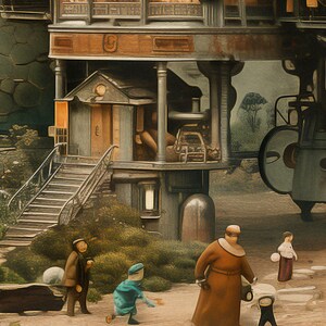 Puede incluir: Una ilustraci&oacute;n caprichosa de un edificio de inspiraci&oacute;n steampunk con una escalera que conduce a un porche.  Hay varias figuras en la escena, incluyendo un hombre con una t&uacute;nica marr&oacute;n, una mujer con un vestido blanco y un ni&ntilde;o con un atuendo azul.  La escena se desarrolla sobre un fondo de exuberante vegetaci&oacute;n.