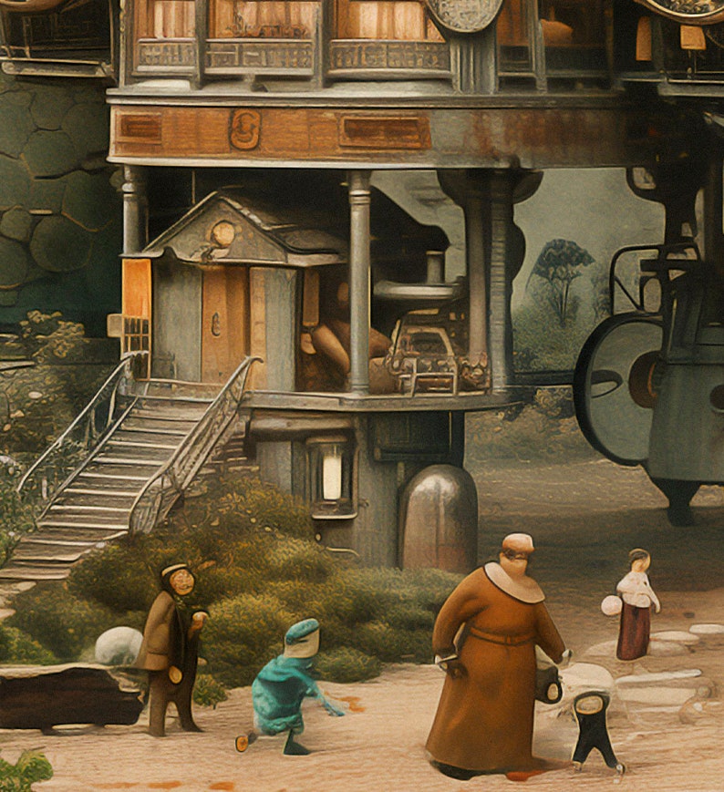 Puede incluir: Una ilustraci&oacute;n caprichosa de un edificio de inspiraci&oacute;n steampunk con una escalera que conduce a un porche.  Hay varias figuras en la escena, incluyendo un hombre con una t&uacute;nica marr&oacute;n, una mujer con un vestido blanco y un ni&ntilde;o con un atuendo azul.  La escena se desarrolla sobre un fondo de exuberante vegetaci&oacute;n.