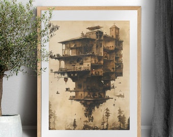 poster theme retro futuristic, art print dystopian, illustration of a house of the future, vivid poster architecture wall art fashion print