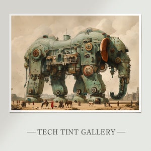 Puede incluir: Un elefante de estilo steampunk, grande e intrincado, hecho de metal y engranajes. El elefante camina por un camino de tierra con personas y animales en el fondo. La imagen tiene un tono sepia vintage.