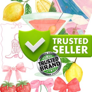 Könnte beinhalten: Ein grüner Schild mit einem weißen Häkchen und dem Text "TRUSTED SELLER" in Weiß. Ein silbernes Abzeichen mit dem Text "TRUSTED BRAND" in Schwarz. Ein rosa Cocktail in einem Martini-Glas. Eine rosa Schleife, eine rosa Schleife mit einem Herzen und zwei rote Erdbeeren. Eine Zitrone, eine Zitrone mit Blättern und eine Zitrone mit Blättern und einer gelben Zitrone. Eine rosa und weiße Illustration eines Schwimmbeckens mit einem weißen Sonnenschirm.