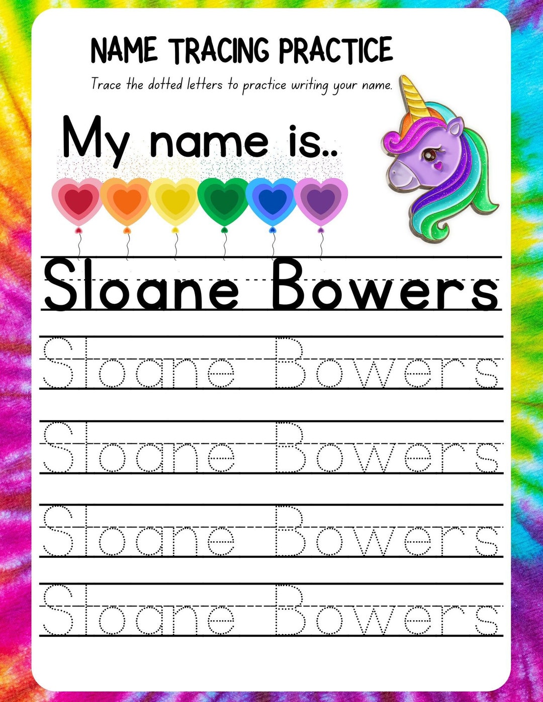 Name Tracing Handwriting Worksheet Rainbow Tye Dye Unicorn Hearts - Etsy