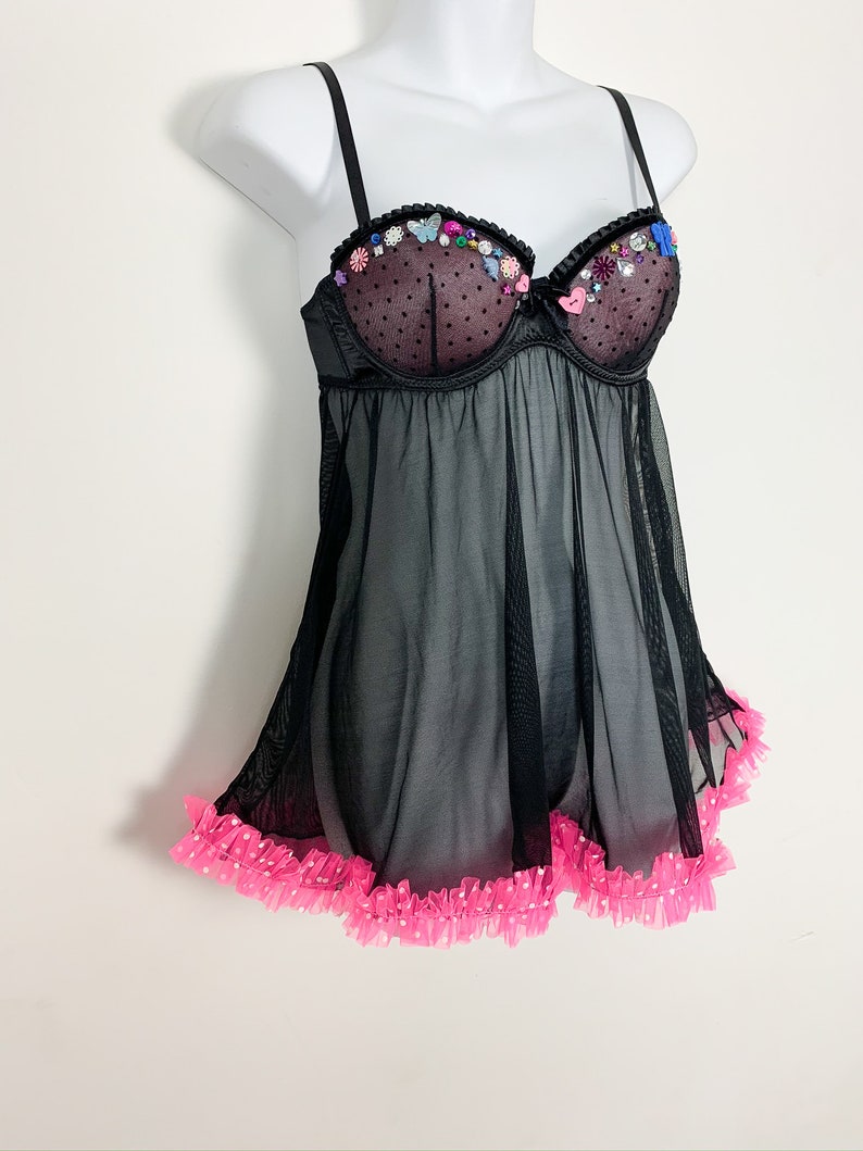 Upcycled Lingerie. Black Hot Pink Nighty. Diy Beaded Lingerie. | Etsy