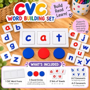 May include: A CVC word building set featuring a white wooden frame with three square slots, individual white letter tiles with red and blue letters, and three solid red and blue sound circles. The set includes text labels for educational use.