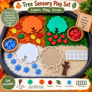May include: A sensory play set in a black tray containing orange, green, and white filler grains. It includes three tree tops in orange, green, and white, a brown tree trunk, ten red apple shapes, ten leaves, ten blue snowflakes, and a white ten-frame.