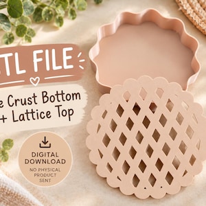Puede incluir: Un recipiente circular de color melocotón claro con un borde festoneado y una tapa separada con patrón de celosía. El texto en la imagen dice STL FILE, Pie Crust Bottom + Lattice Top y DIGITAL DOWNLOAD NO PHYSICAL PRODUCT SENT.