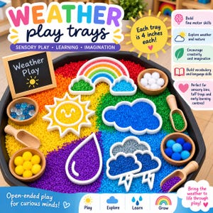 May include: A weather-themed sensory play tray set featuring colourful plastic shapes including a rainbow, sun, clouds, and a raindrop. The tray contains sections of yellow, green, blue, and purple filler beads, wooden bowls, and scoops for interactive play.