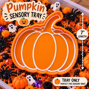 Peut inclure: Un plateau sensoriel orange en forme de citrouille mesurant 17,78 cm de longueur. Le plateau est entouré de décorations d'Halloween incluant des petites citrouilles orange, des araignées en plastique noir, des fantômes blancs et des perles.