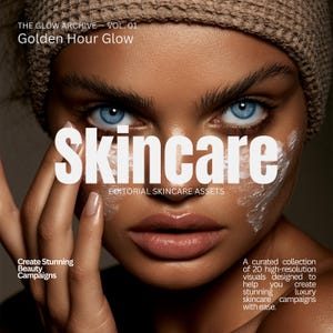 May include: Close-up of a person with bright blue eyes and skincare product applied to the face. The word "Skincare" is prominently displayed. The image is part of "The Glow Archive - Vol. 01" and promotes beauty campaigns.