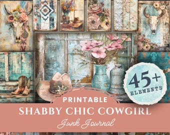 May include: A digital download featuring a Shabby Chic Cowgirl Junk Journal. The image showcases a collage of vintage-style elements, including floral arrangements, cowgirl boots, and decorative tags. The color palette includes teal, pink, and brown tones.